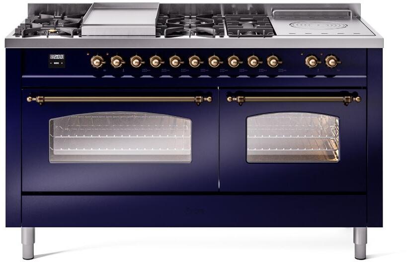 ILVE Nostalgie II 60-Inch Propane Gas Dual Fuel Range with 7 Burners, Griddle, & French Top with Triple Glass Door Oven in Midnight Blue with Burnished Bronze Trim (UP60FSNMPMBBLP)