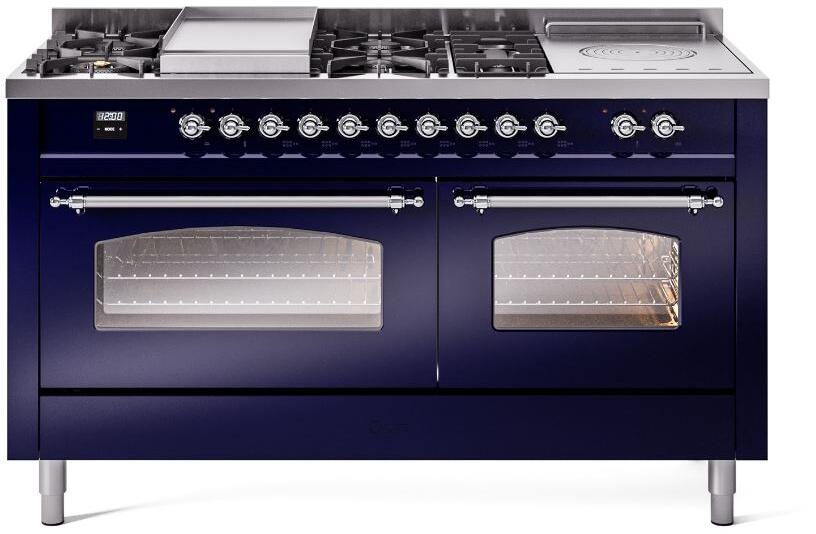 ILVE Nostalgie II 60-Inch Propane Gas Dual Fuel Range with 7 Burners, Griddle, & French Top with Triple Glass Door Oven in Midnight Blue with Chrome Trim (UP60FSNMPMBCLP)