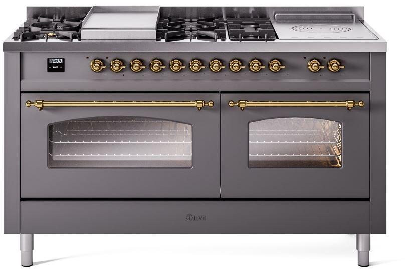 ILVE Nostalgie II 60-Inch Natural Gas Dual Fuel Range with 7 Burners, Griddle, & French Top with Triple Glass Door Oven in Matte Graphite with Brass Trim (UP60FSNMPMGG)