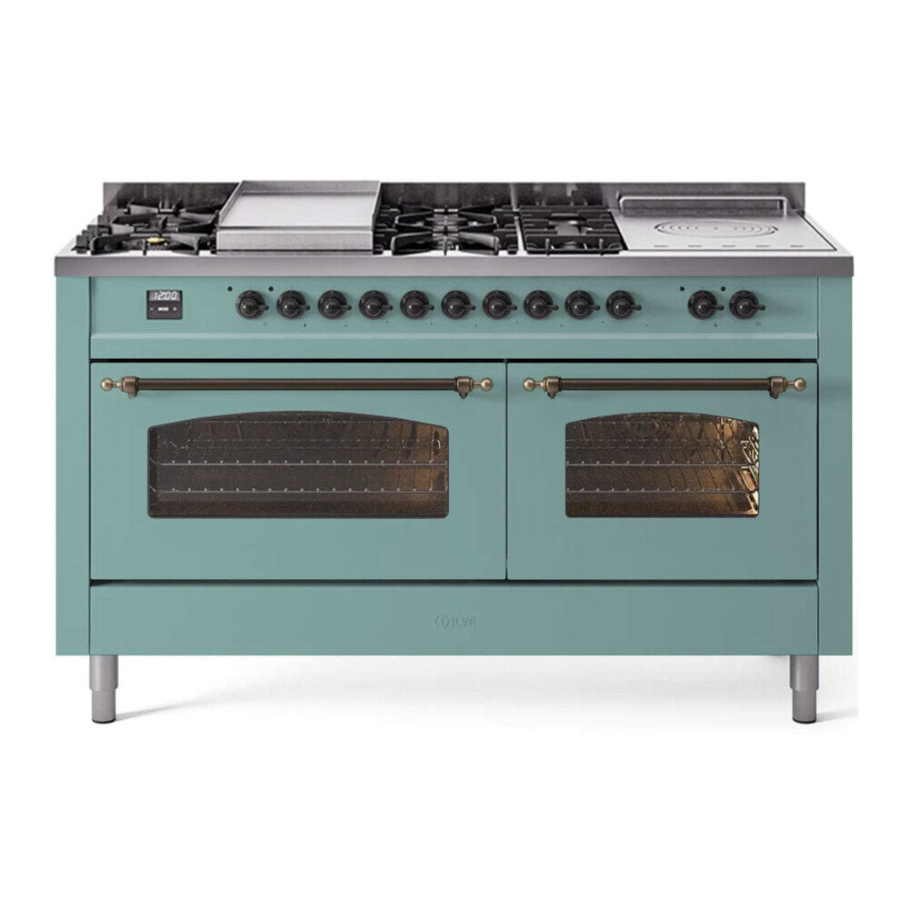 ILVE Nostalgie II 60-Inch Natural Gas Dual Fuel Range, 7 Burners, Griddle, French Top, Mediterranean Mint with Burnished Bronze Trim (UP60FSNMPMMB)