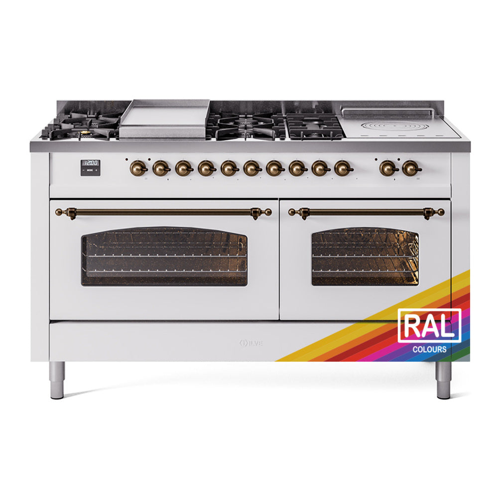 ILVE Nostalgie II 60-Inch Propane Gas Dual Fuel Range with 7 Burners, Griddle, & French Top with Triple Glass Door Oven in Custom RAL with Burnished Bronze Trim (UP60FSNMPRABLP)