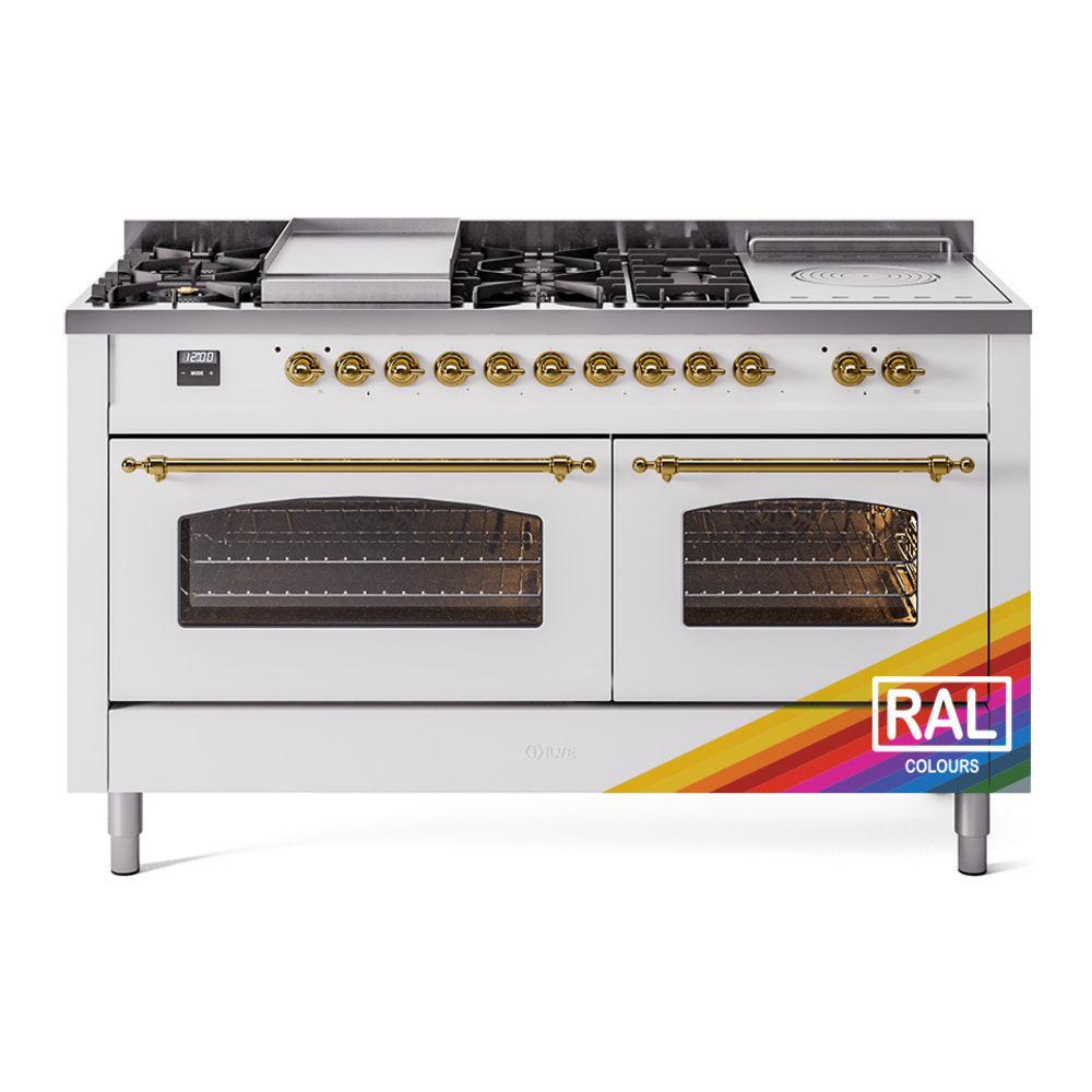 ILVE Nostalgie II 60-Inch Propane Gas Dual Fuel Range with 7 Burners, Griddle, & French Top with Triple Glass Door Oven in Custom RAL with Brass Trim (UP60FSNMPRAGLP)