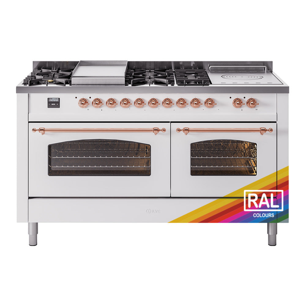 ILVE Nostalgie II 60-Inch Propane Gas Dual Fuel Range with 7 Burners, Griddle, & French Top with Triple Glass Door Oven in Custom RAL with Copper Trim (UP60FSNMPRAPLP)
