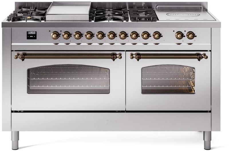 ILVE Nostalgie II 60-Inch Propane Dual Fuel Range, 7 Burners, Griddle, French Top, Stainless Steel with Burnished Bronze Trim (UP60FSNMPSSBLP)