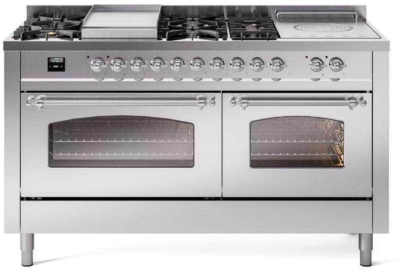 ILVE Nostalgie II 60-Inch LP Dual Fuel Range, 7 Burners, Griddle, French Top, Triple Glass Door, Stainless Steel with Chrome Trim (UP60FSNMPSSCLP)