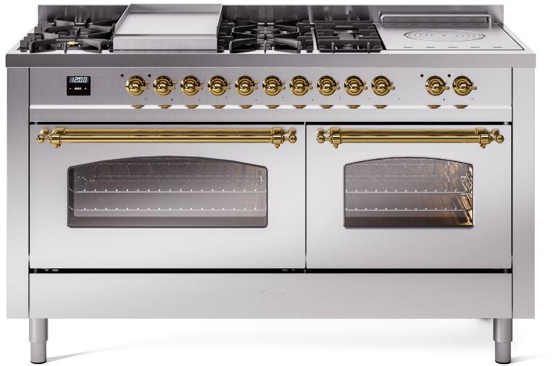 ILVE Nostalgie II 60-Inch Propane Gas Dual Fuel Range with 7 Burners, Griddle, & French Top with Triple Glass Door Oven in Stainless Steel with Brass Trim (UP60FSNMPSSGLP)