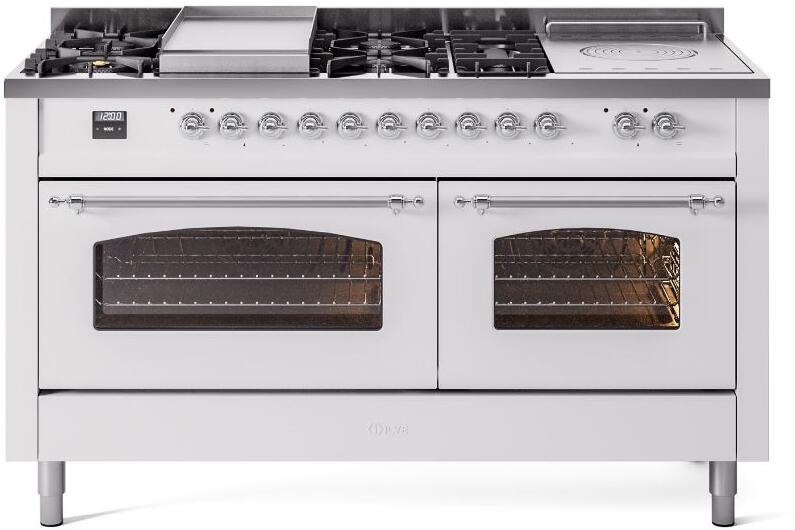 ILVE Nostalgie II 60-Inch Natural Gas Dual Fuel Range with 7 Burners, Griddle, & French Top with Triple Glass Door Oven in White with Chrome Trim (UP60FSNMPWHC)