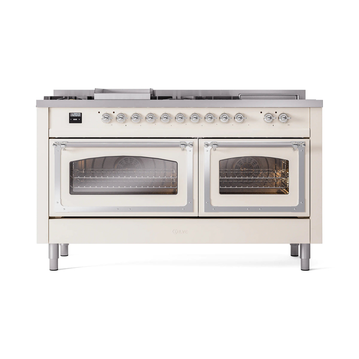 ILVE Nostalgie II Noblesse 60-Inch Propane Dual Fuel Range, 7 Burners, French Top, Antique White with Chrome Trim (UN60FSNMPAWCLP)