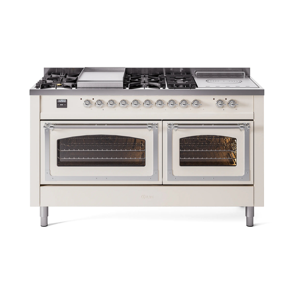 ILVE Nostalgie II Noblesse 60-Inch Natural Gas Dual Fuel Range, 7 Burners, Griddle, French Top, Antique White with Chrome Trim (UN60FSNMPAWC)