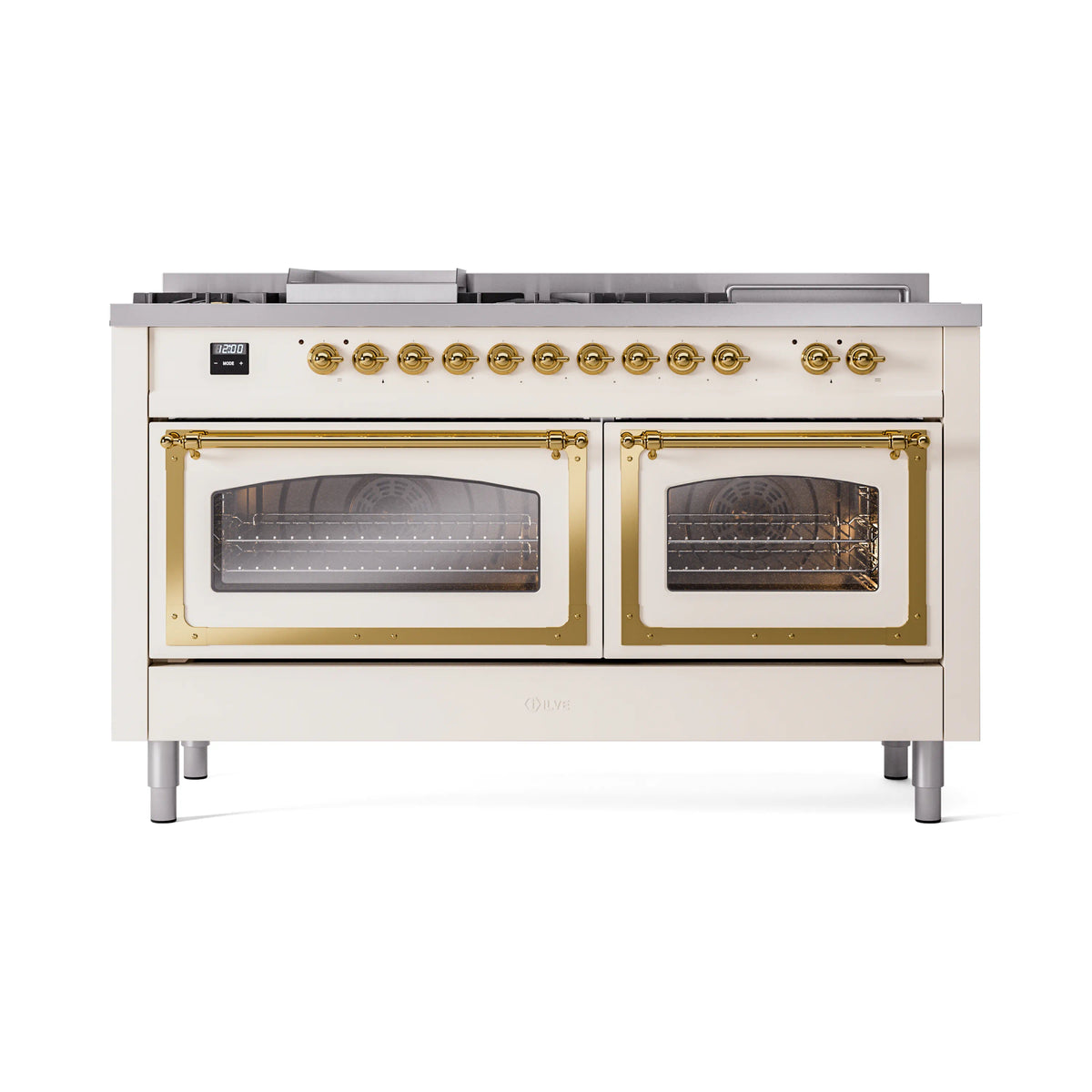 ILVE Nostalgie II Noblesse 60-Inch Natural Gas Dual Fuel Range, 7 Burners, Griddle, French Top, Antique White with Brass Trim (UN60FSNMPAWG)