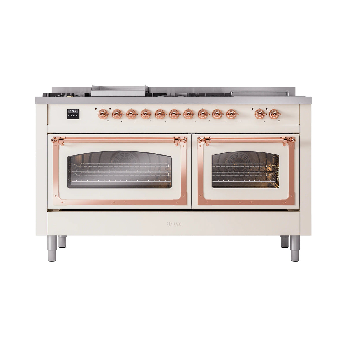 ILVE Nostalgie II Noblesse 60-Inch Natural Gas Dual Fuel Range, 7 Burners, Griddle, French Top, Antique White with Copper Trim (UN60FSNMPAWP)