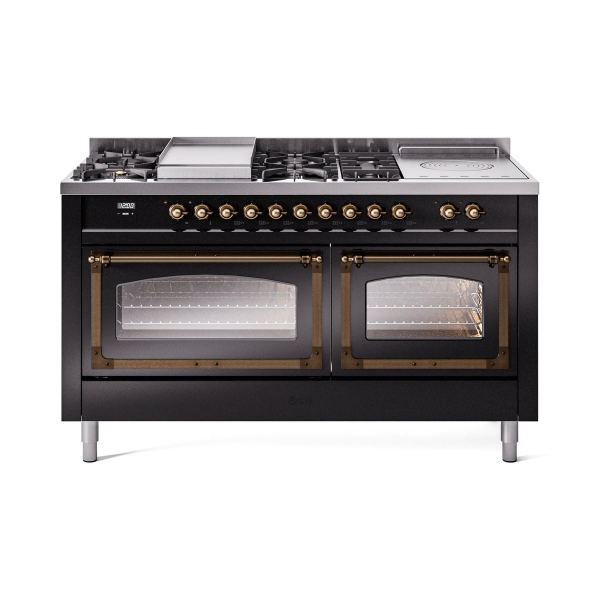 ILVE Nostalgie II Noblesse 60-Inch Natural Gas Dual Fuel Range, 7 Burners, Griddle, Glossy Black with Burnished Bronze Trim (UN60FSNMPBKB)