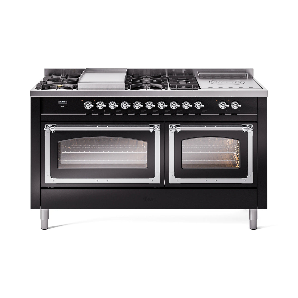 ILVE Nostalgie II Noblesse 60-Inch Propane Dual Fuel Range, 7 Burners, French Top, Glossy Black with Chrome Trim (UN60FSNMPBKCLP)