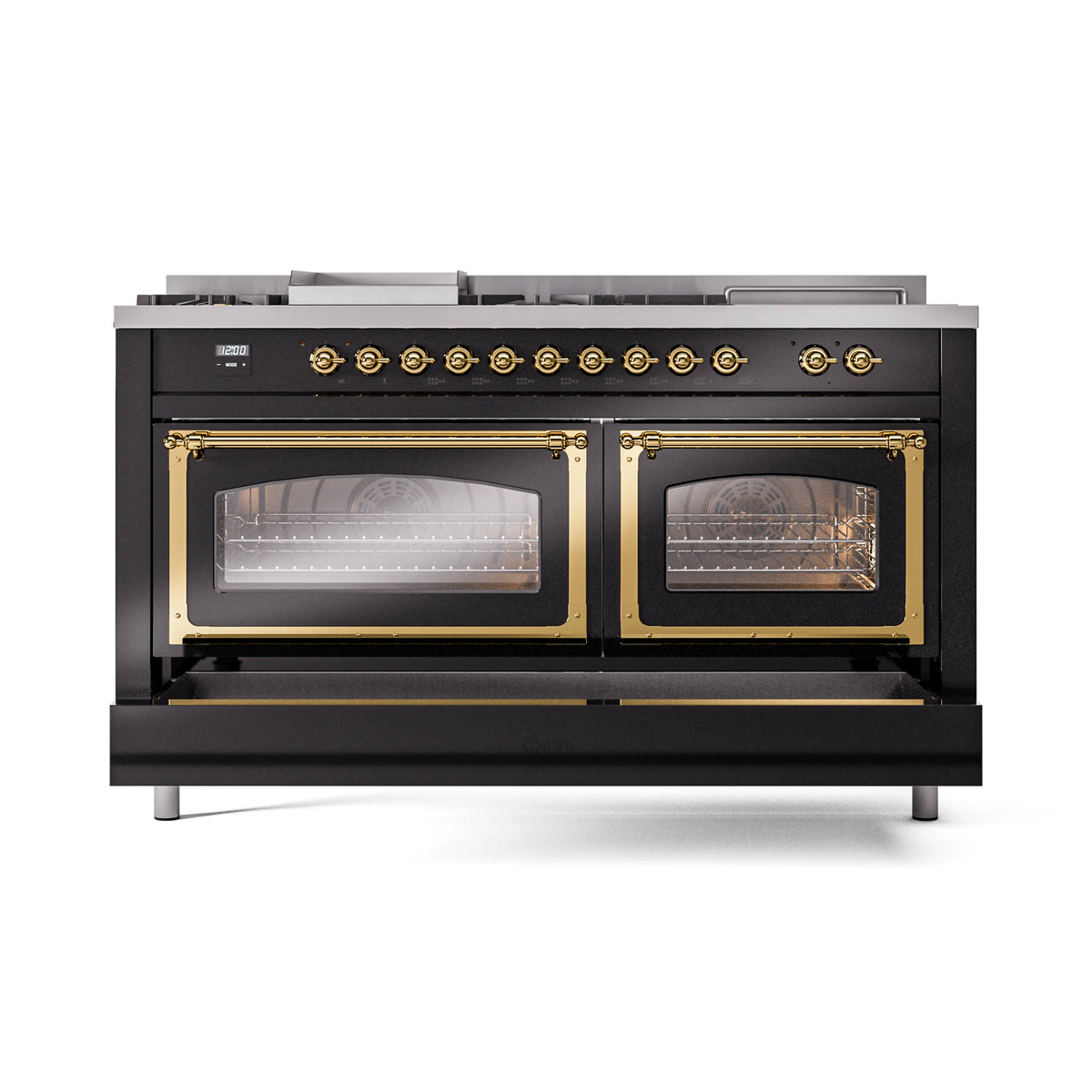 ILVE Nostalgie II Noblesse 60-Inch Propane Dual Fuel Range, 7 Burners, French Top, Glossy Black with Brass Trim (UN60FSNMPBKGLP)