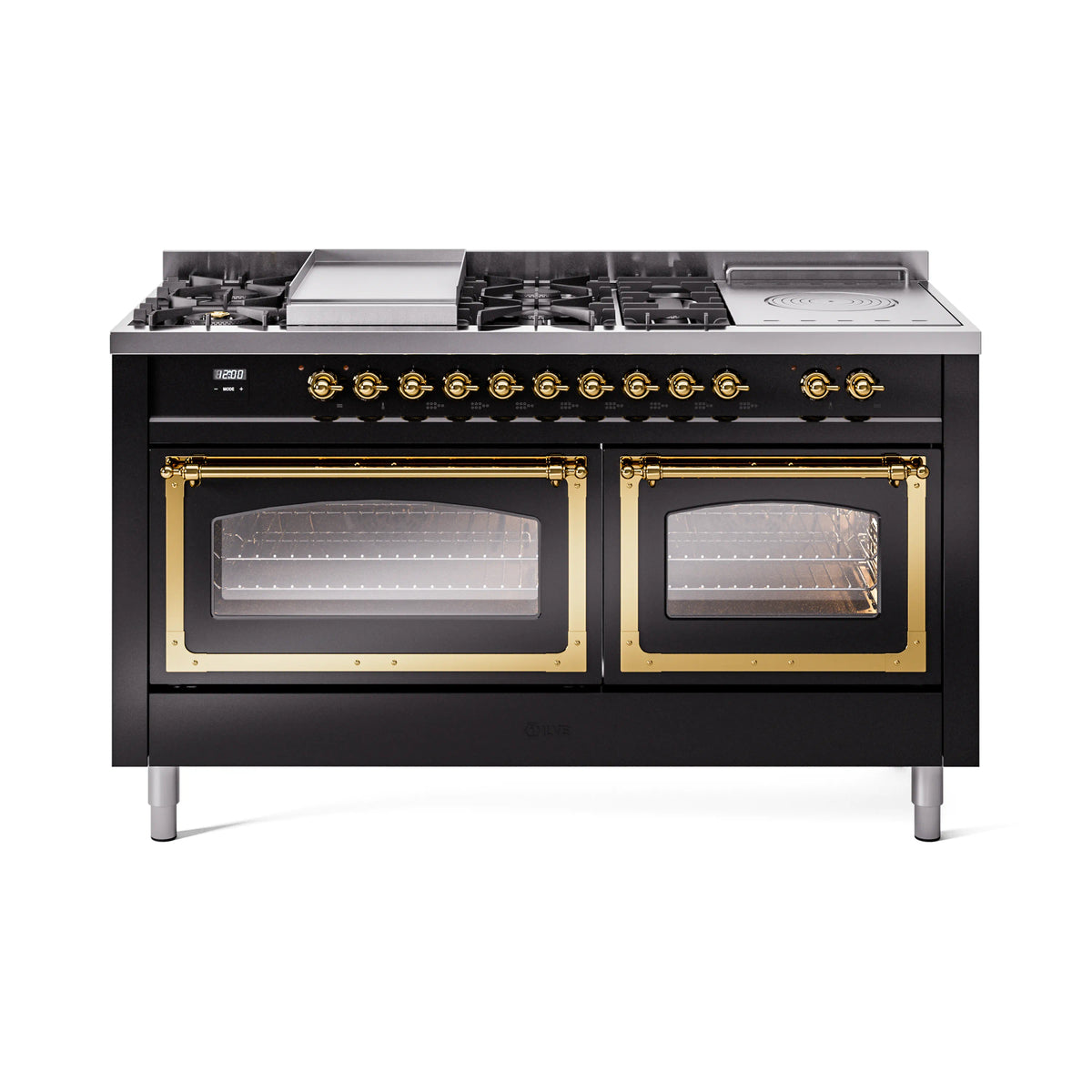 ILVE Nostalgie II Noblesse 60-Inch Propane Dual Fuel Range, 7 Burners, French Top, Glossy Black with Brass Trim (UN60FSNMPBKGLP)