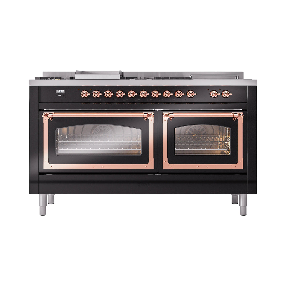 ILVE Nostalgie II Noblesse 60-Inch Natural Gas Dual Fuel Range, 7 Burners, Griddle, French Top, Glossy Black with Copper Trim (UN60FSNMPBKP)