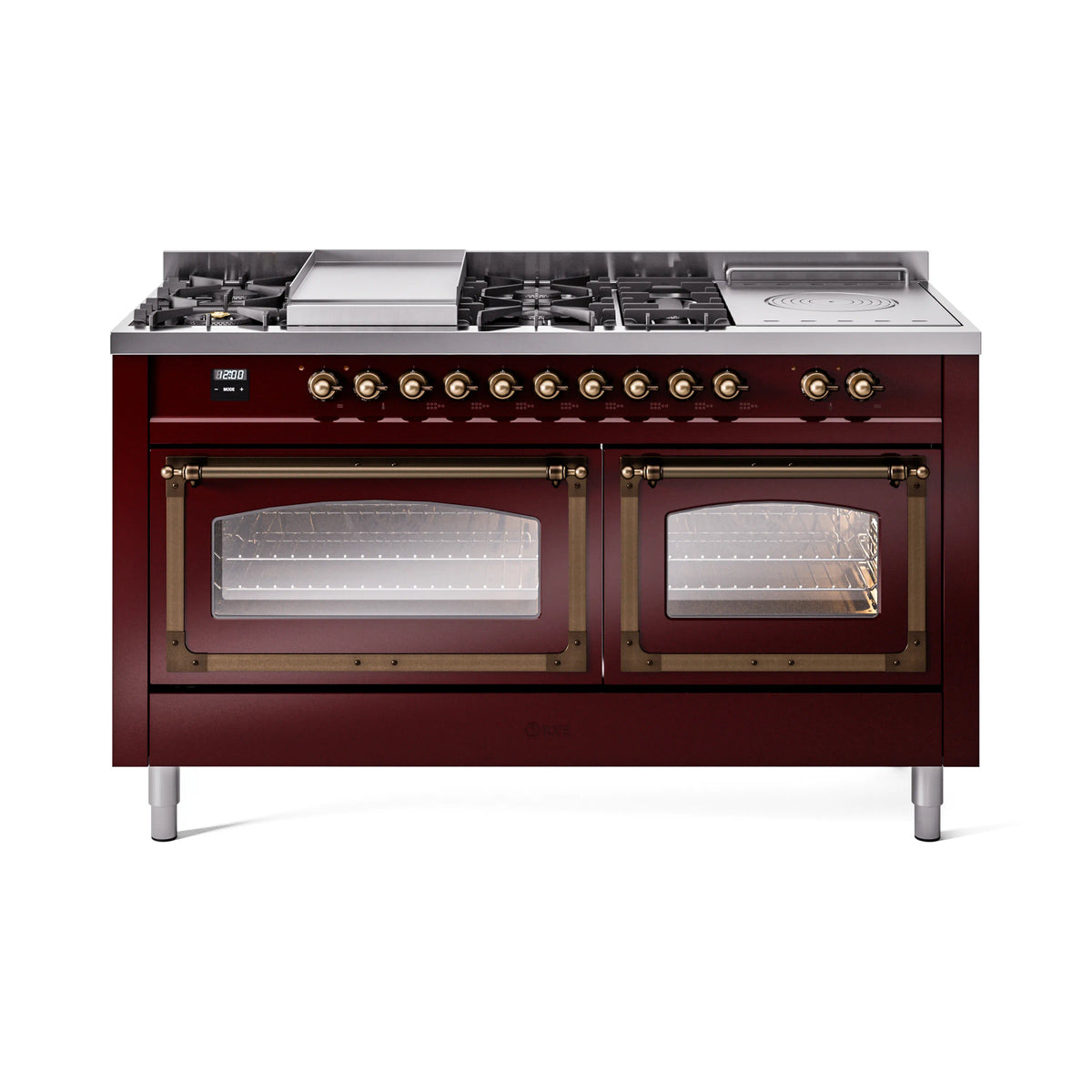 ILVE Nostalgie II Noblesse 60-Inch Propane Dual Fuel Range, 7 Burners, French Top, Burgundy with Burnished Bronze Trim (UN60FSNMPBUBLP)