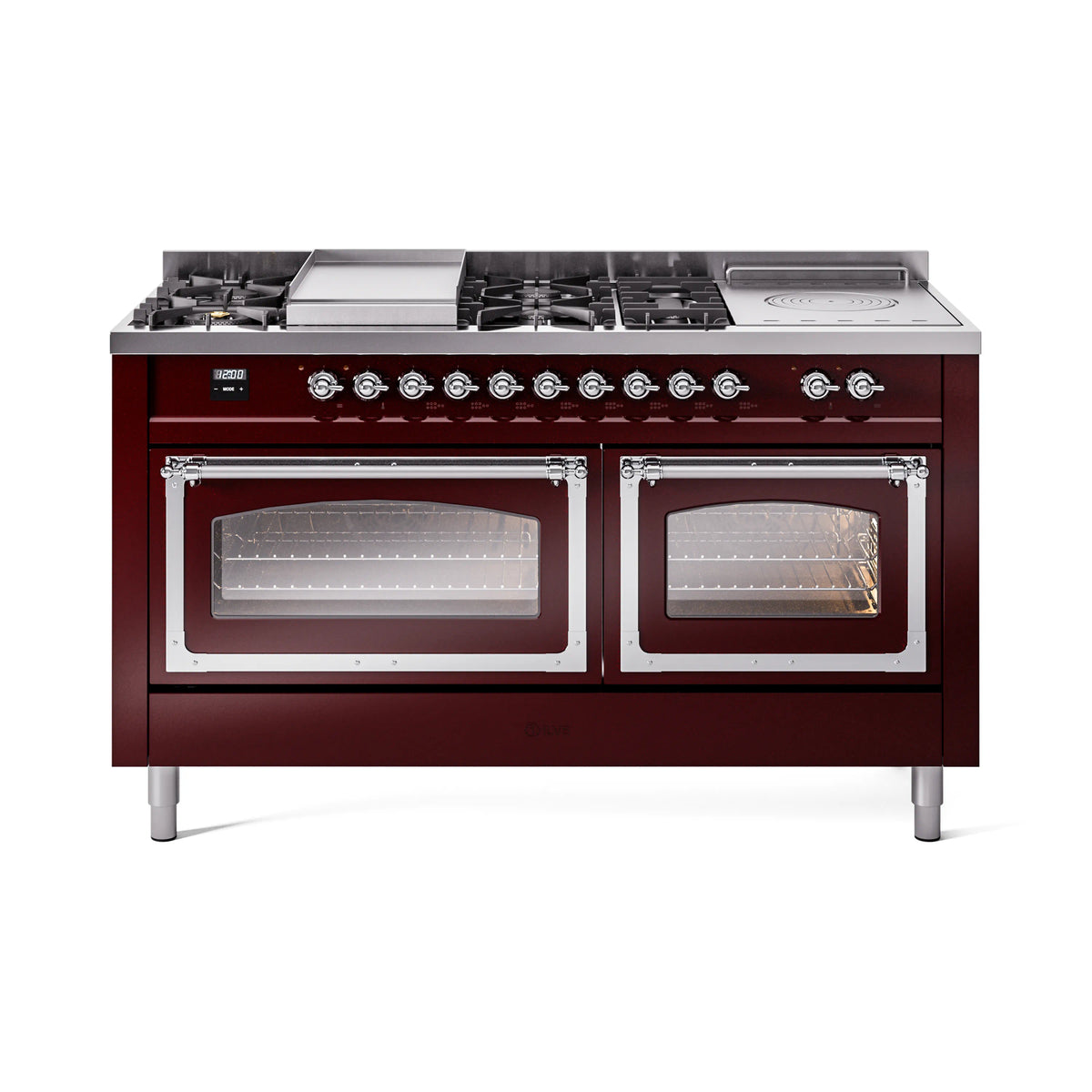 ILVE Nostalgie II Noblesse 60-Inch Natural Gas Dual Fuel Range, 7 Burners, Griddle, French Top, Burgundy with Chrome Trim (UN60FSNMPBUC)