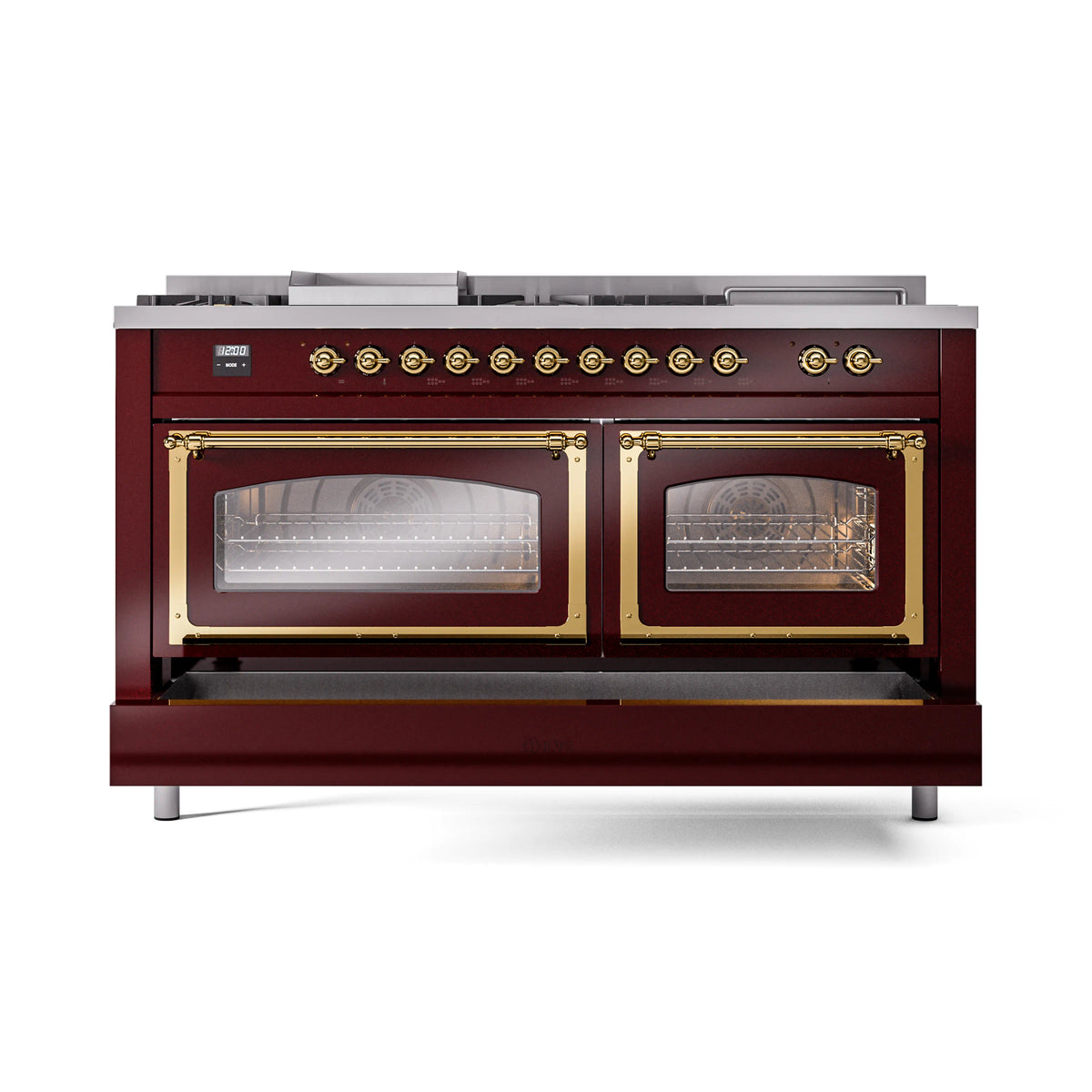 ILVE Nostalgie II Noblesse 60-Inch Natural Gas Dual Fuel Range, 7 Burners, Griddle, French Top, Burgundy with Brass Trim (UN60FSNMPBUG)
