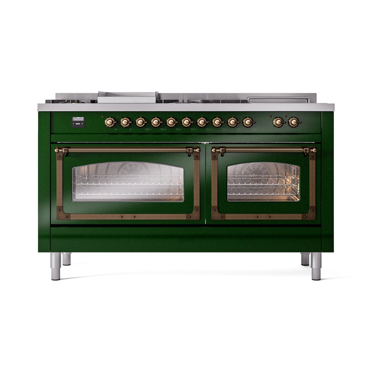 ILVE Nostalgie II Noblesse 60-Inch Natural Gas Dual Fuel Range, 7 Burners, Griddle, Emerald Green with Burnished Bronze Trim (UN60FSNMPEGB)