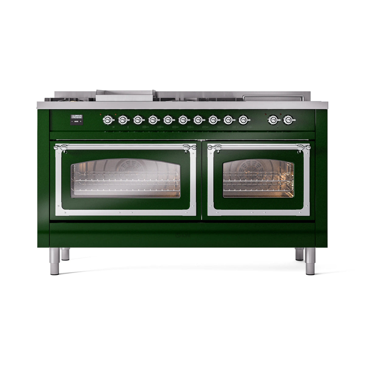 ILVE Nostalgie II Noblesse 60-Inch Propane Dual Fuel Range, 7 Burners, French Top, Emerald Green with Chrome Trim (UN60FSNMPEGCLP)