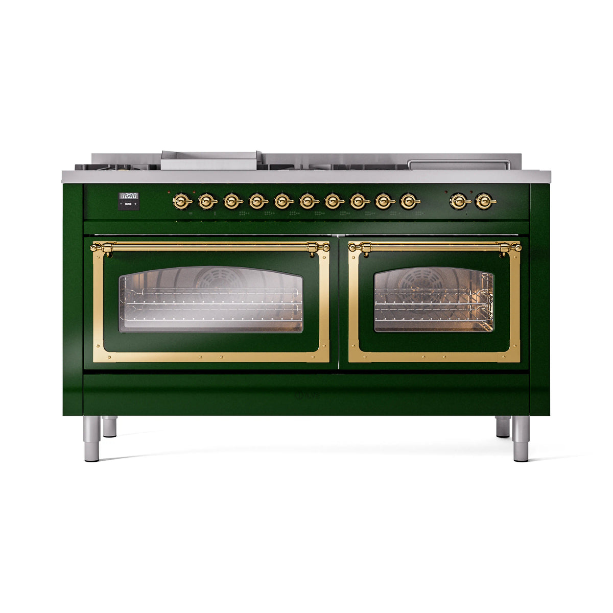 ILVE Nostalgie II Noblesse 60-Inch Natural Gas Dual Fuel Range, 7 Burners, Griddle, French Top, Emerald Green with Brass Trim (UN60FSNMPEGG)