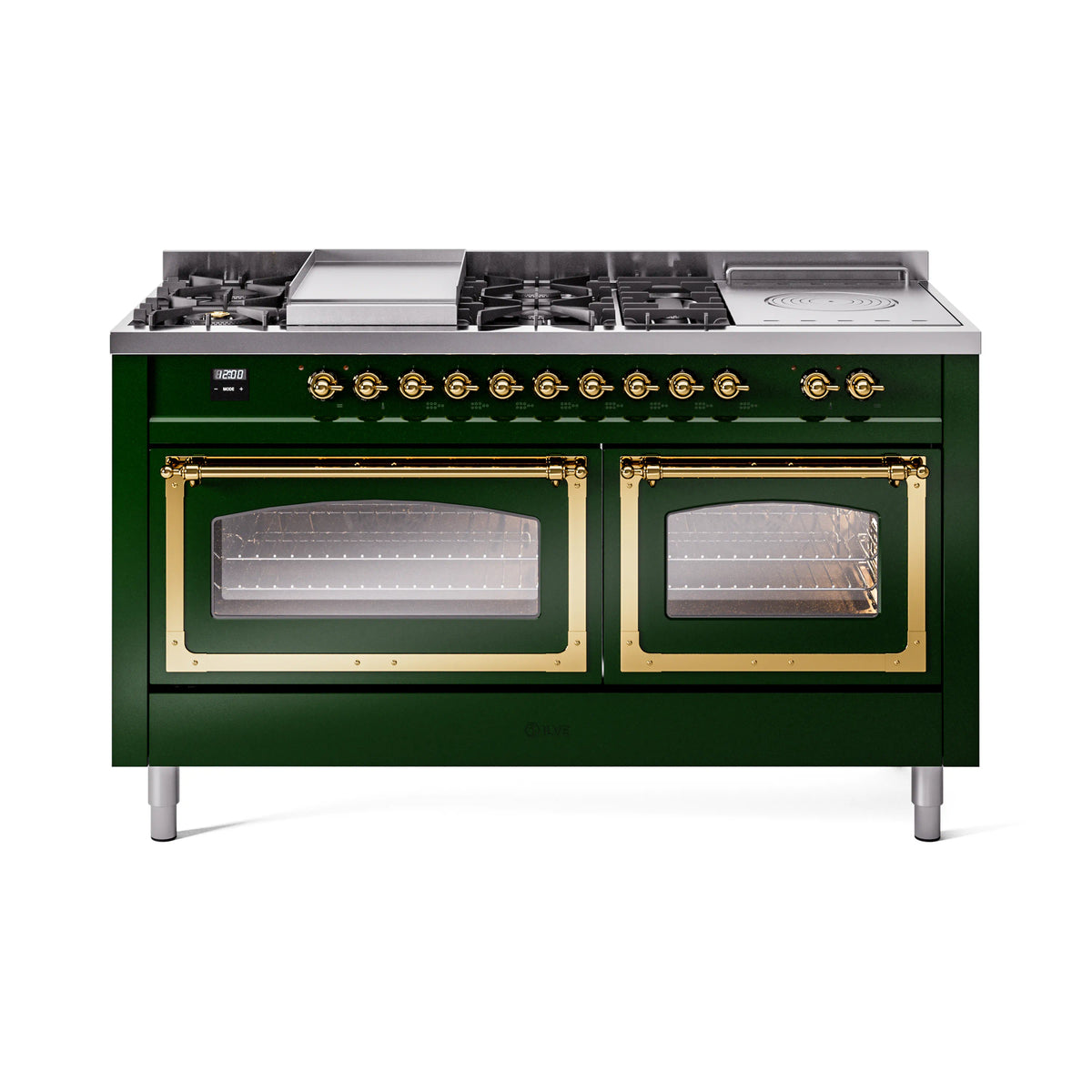 ILVE Nostalgie II Noblesse 60-Inch Propane Dual Fuel Range, 7 Burners, French Top, Emerald Green with Brass Trim (UN60FSNMPEGGLP)