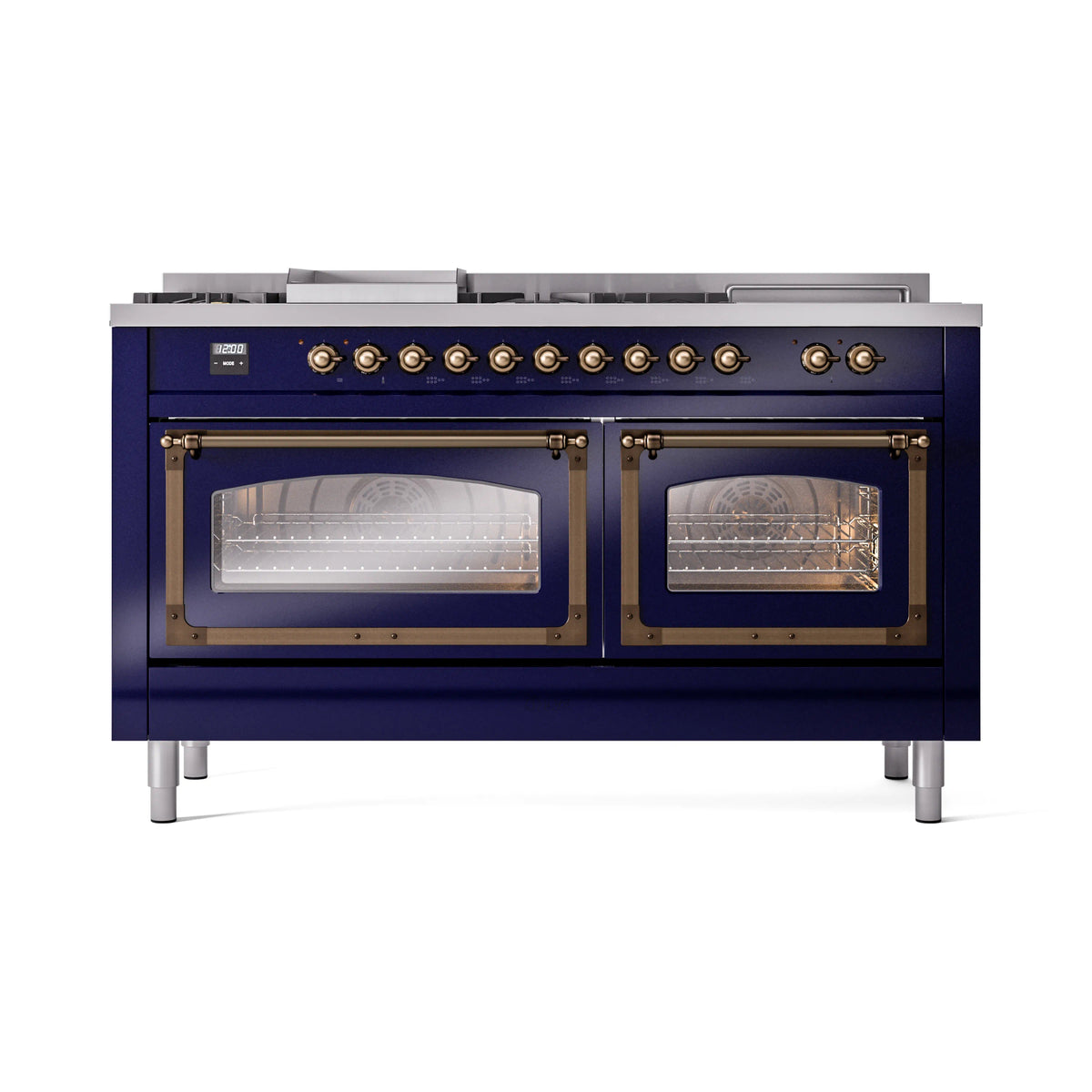 ILVE Nostalgie II Noblesse 60-Inch Propane Dual Fuel Range, 7 Burners, French Top, Midnight Blue with Burnished Bronze Trim (UN60FSNMPMBBLP)