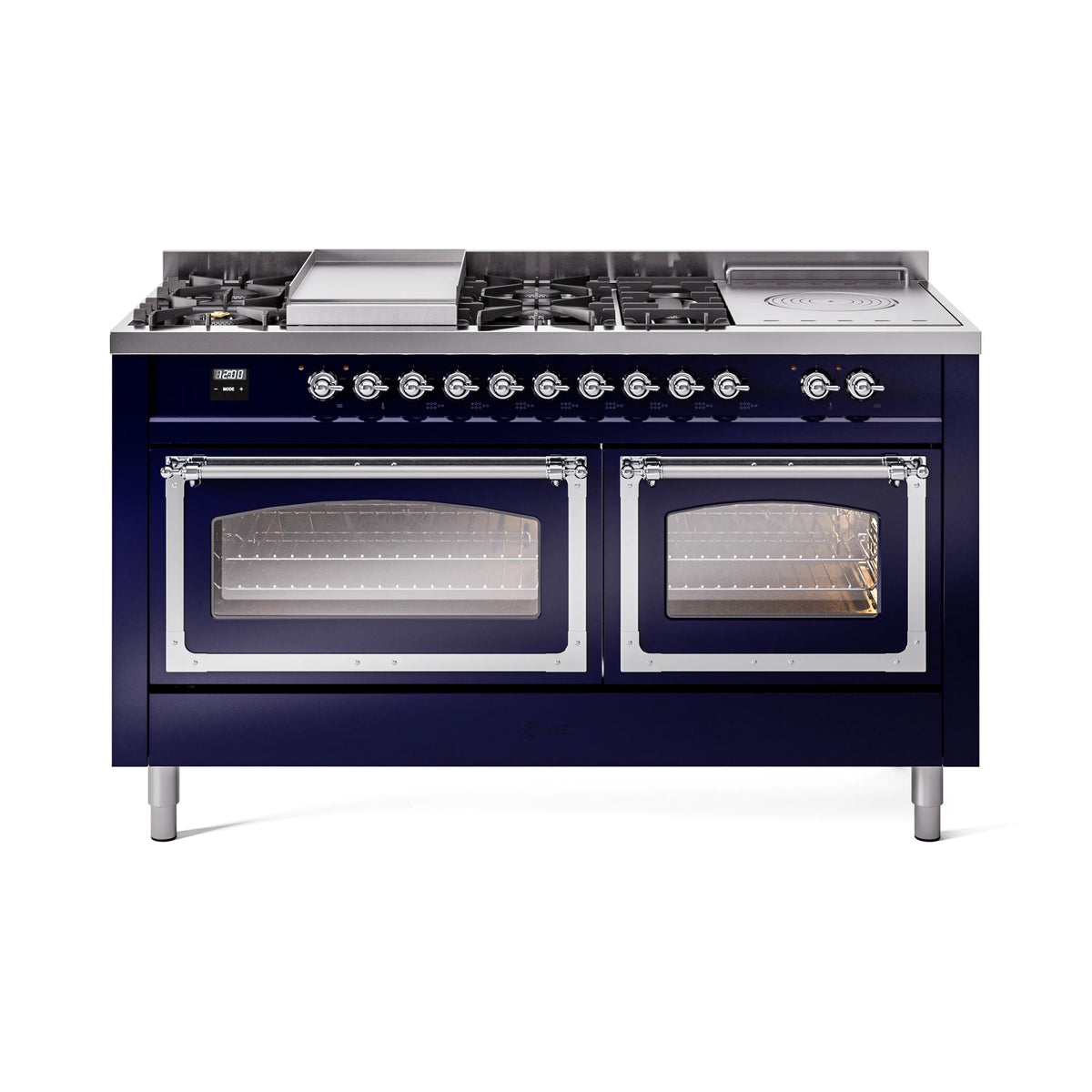 ILVE Nostalgie II Noblesse 60-Inch Dual Fuel Range, 7 Burners, Griddle, French Top, Midnight Blue with Chrome Trim (UN60FSNMPMBC)