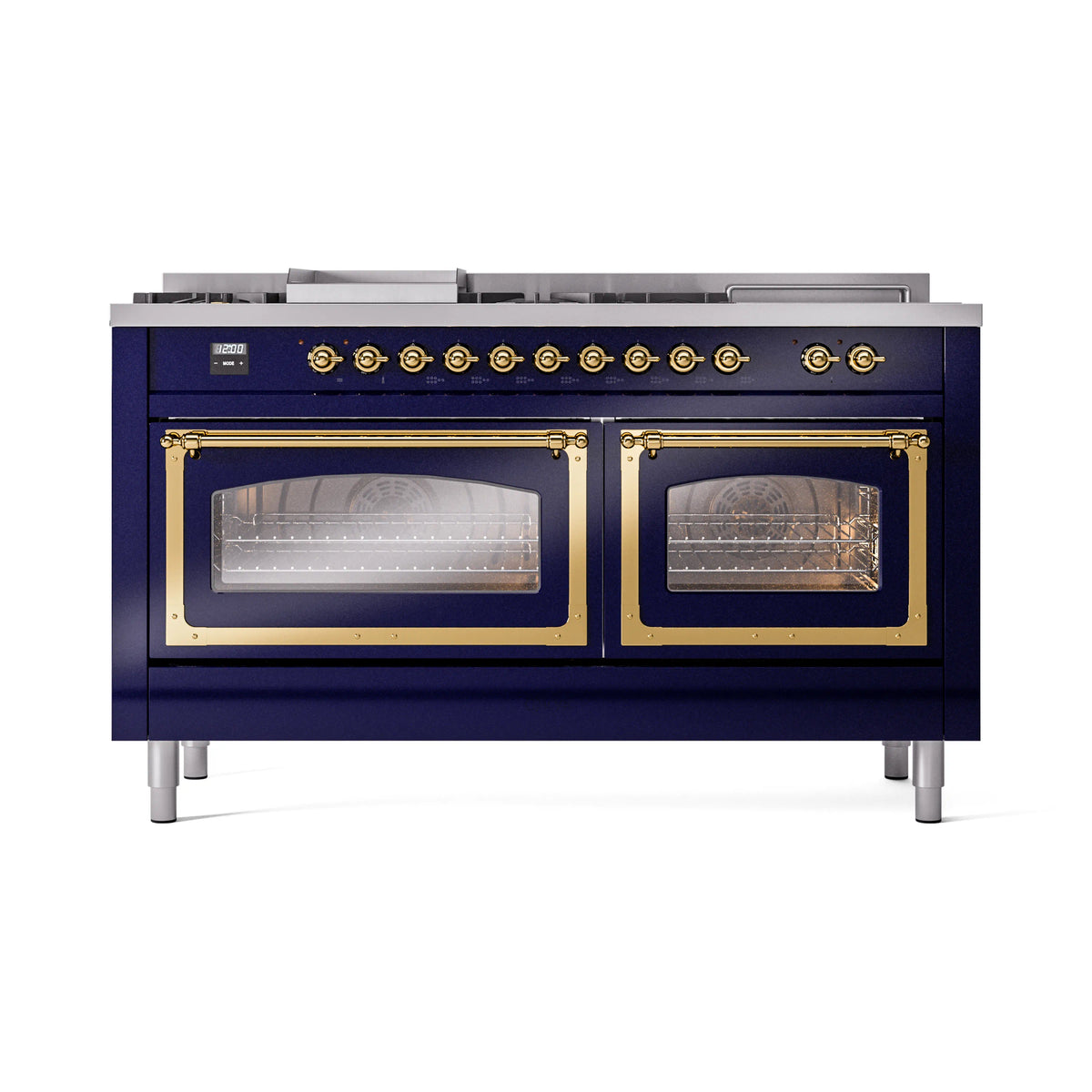 ILVE Nostalgie II Noblesse 60-Inch Propane Dual Fuel Range, 7 Burners, French Top, Midnight Blue with Brass Trim (UN60FSNMPMBGLP)