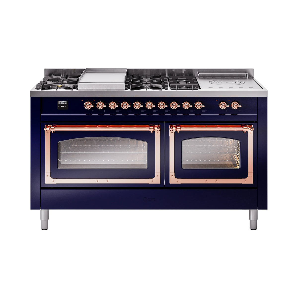 ILVE Nostalgie II Noblesse 60-Inch Propane Dual Fuel Range, 7 Burners, French Top, Midnight Blue with Copper Trim (UN60FSNMPMBPLP)