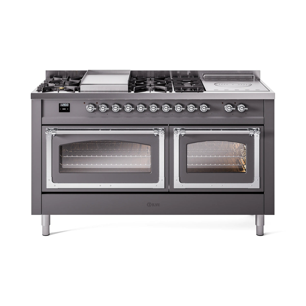 ILVE Nostalgie II Noblesse 60-Inch Propane Dual Fuel Range, 7 Burners, French Top, Matte Graphite with Chrome Trim (UN60FSNMPMGCLP)