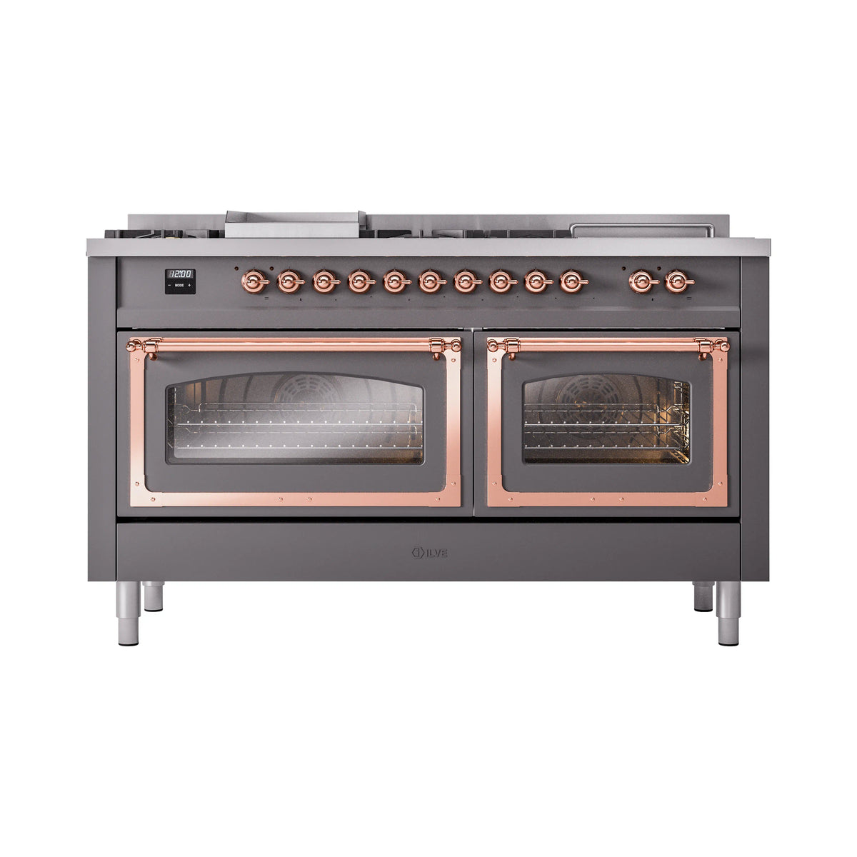 ILVE Nostalgie II Noblesse 60-Inch Natural Gas Dual Fuel Range, 7 Burners, Griddle, French Top, Matte Graphite with Copper Trim (UN60FSNMPMGP)
