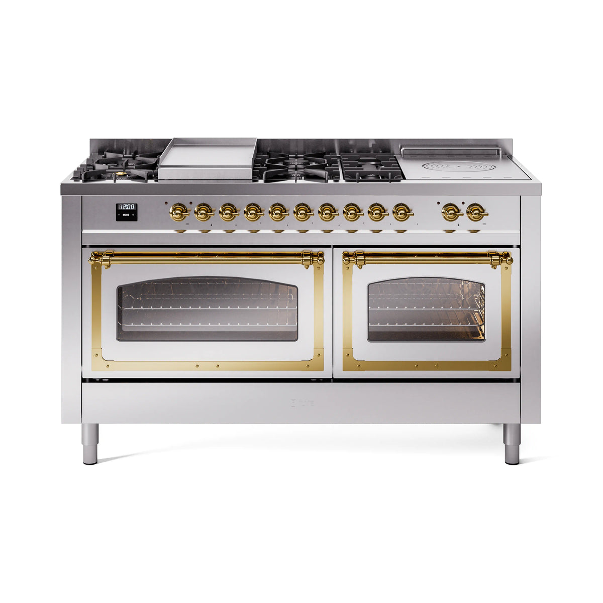 ILVE Nostalgie II Noblesse 60-Inch Propane Dual Fuel Range, 7 Burners, French Top, Stainless Steel with Brass Trim (UN60FSNMPSSGLP)