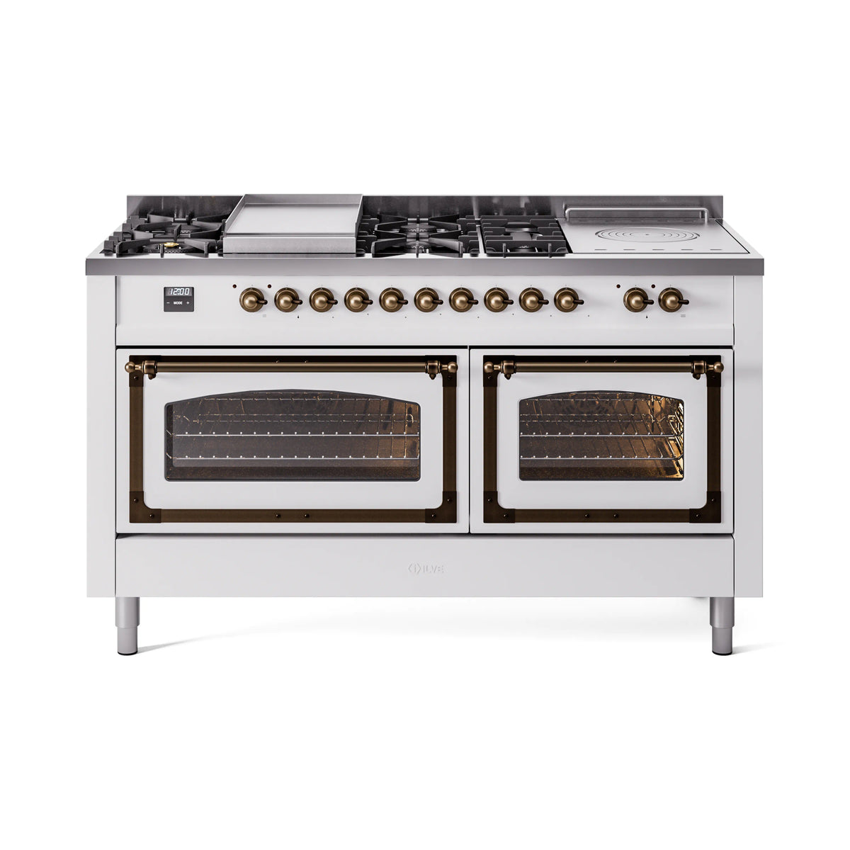 ILVE Nostalgie II Noblesse 60-Inch Natural Gas Dual Fuel Range, 7 Burners, Griddle, French Top, White with Burnished Bronze Trim (UN60FSNMPWHB)