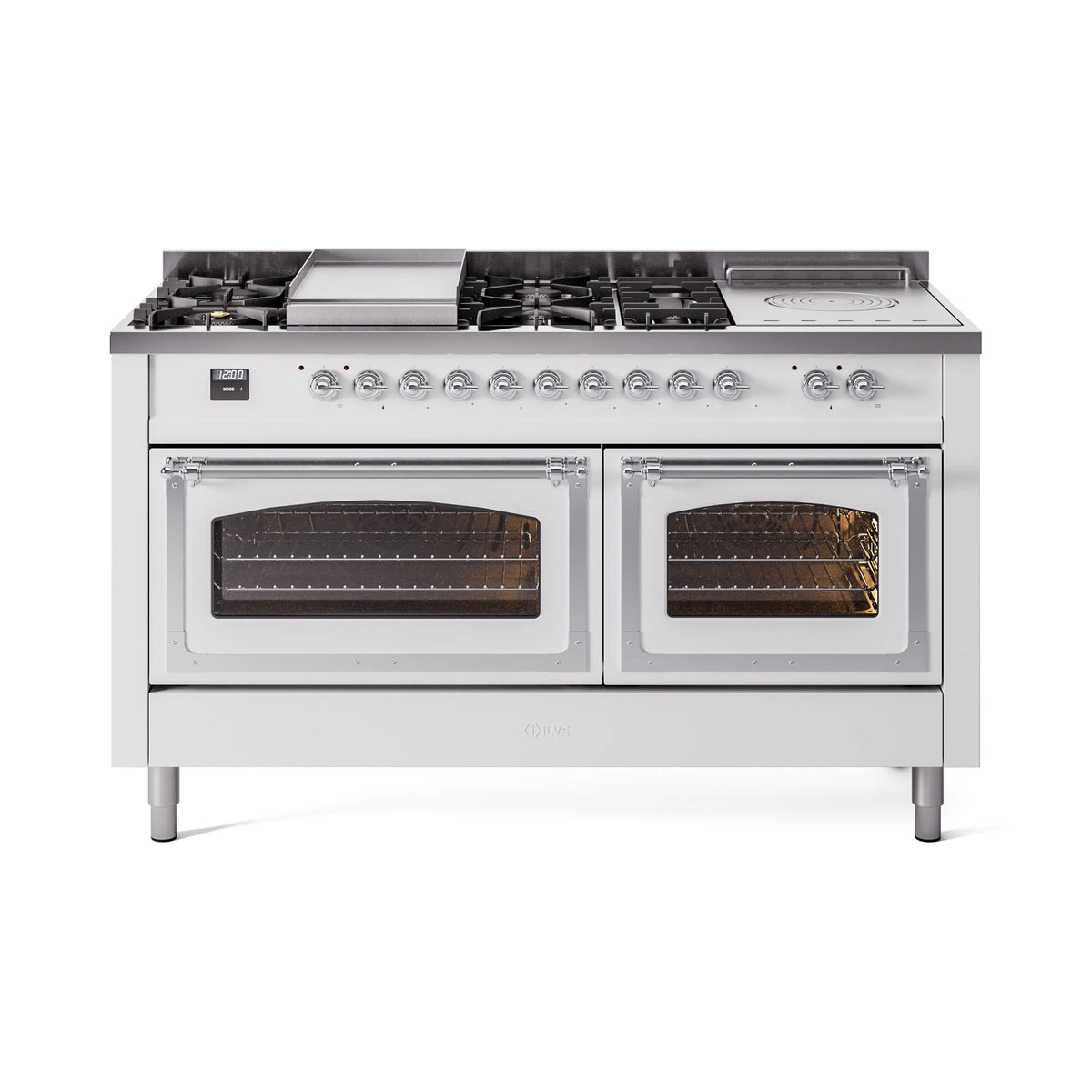 ILVE Nostalgie II Noblesse 60-Inch Natural Gas Dual Fuel Range, 7 Burners, Griddle, French Top, White with Chrome Trim (UN60FSNMPWHC)