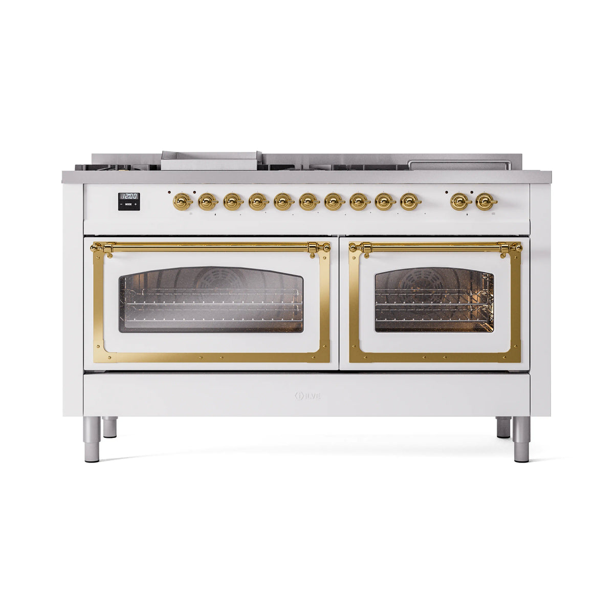 ILVE Nostalgie II Noblesse 60-Inch Natural Gas Dual Fuel Range, 7 Burners, Griddle, French Top, White with Brass Trim (UN60FSNMPWHG)