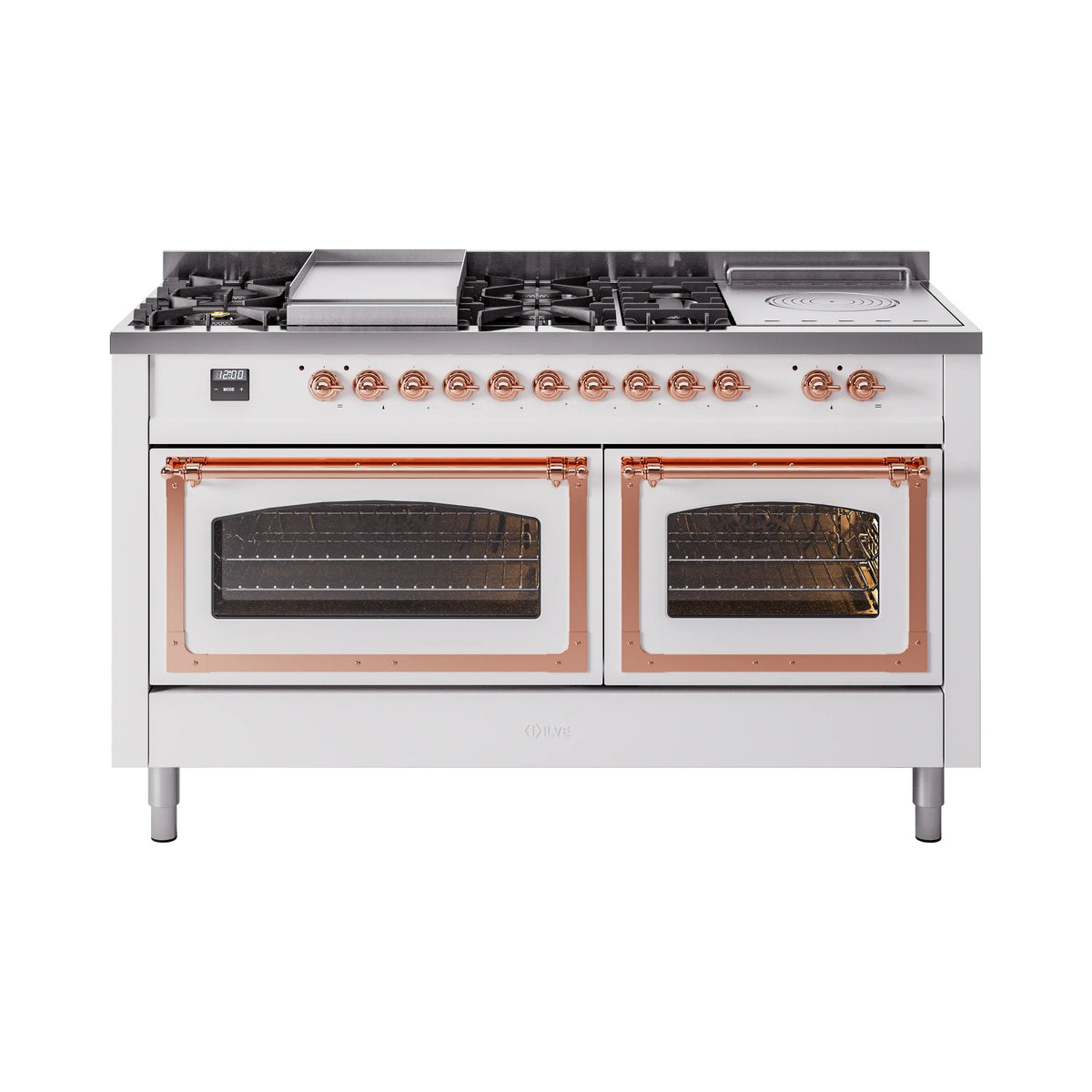 ILVE Nostalgie II Noblesse 60-Inch Natural Gas Dual Fuel Range, 7 Burners, Griddle, French Top, White with Copper Trim (UN60FSNMPWHP)