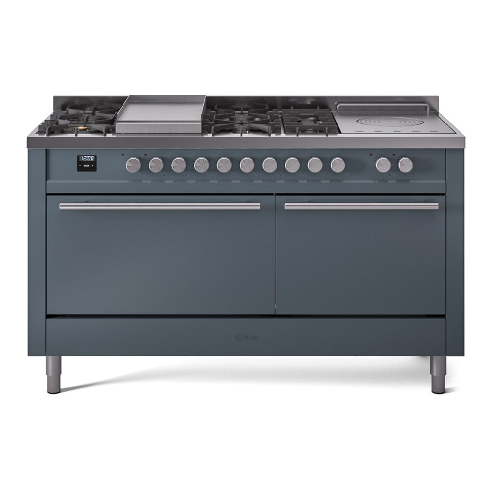 ILVE Professional Plus II 60-Inch Propane Dual Fuel Range, 7 Burners, Griddle, French Top, Solid Door, Blue Grey (UP60FSQMPBGLP)