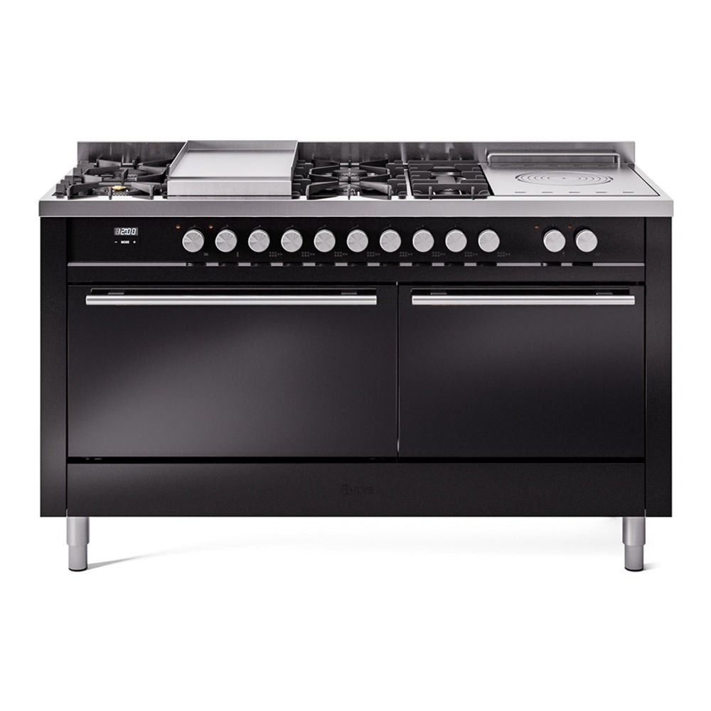 ILVE Professional Plus II 60-Inch Propane Dual Fuel Range, 7 Burners, Griddle, French Top, Solid Door, Glossy Black (UP60FSQMPBKLP)