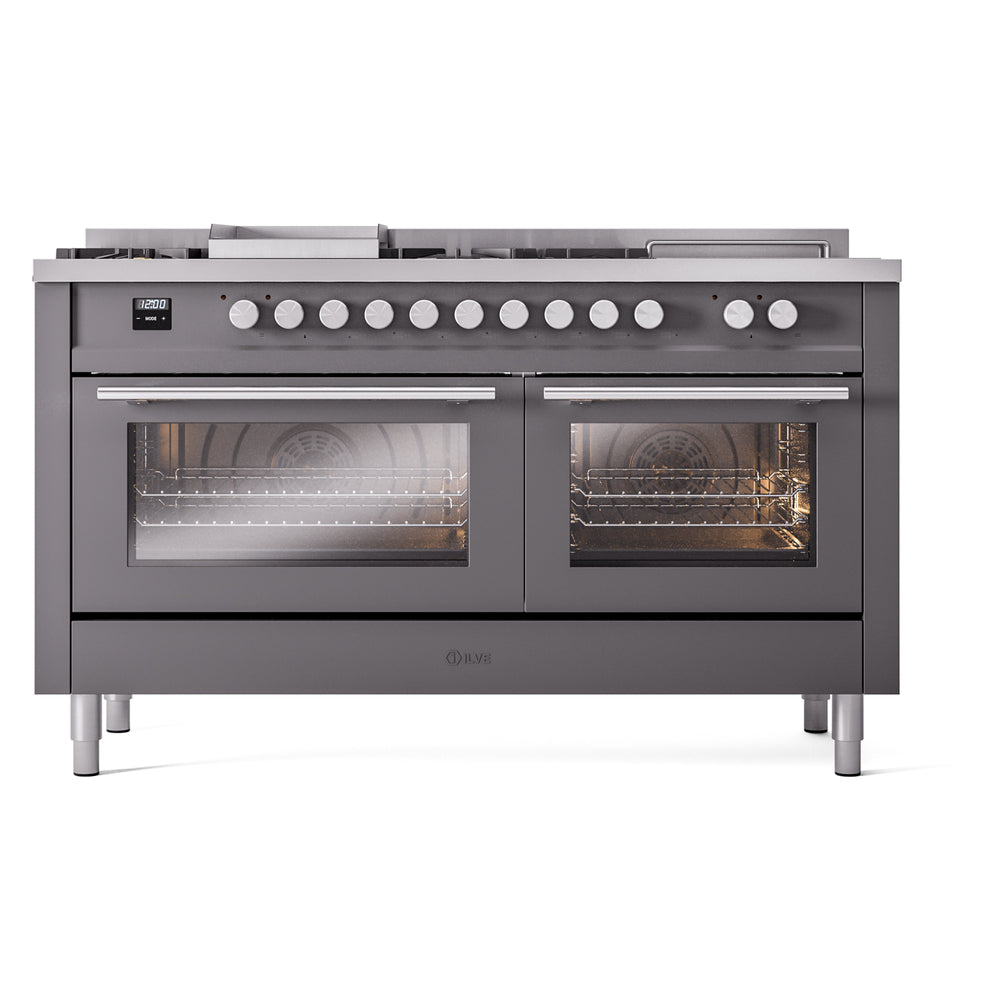 ILVE Professional Plus II 60-Inch Natural Gas Dual Fuel Range, 7 Burners, Griddle, French Top, Solid Door, Matte Graphite (UP60FSQMPMG)