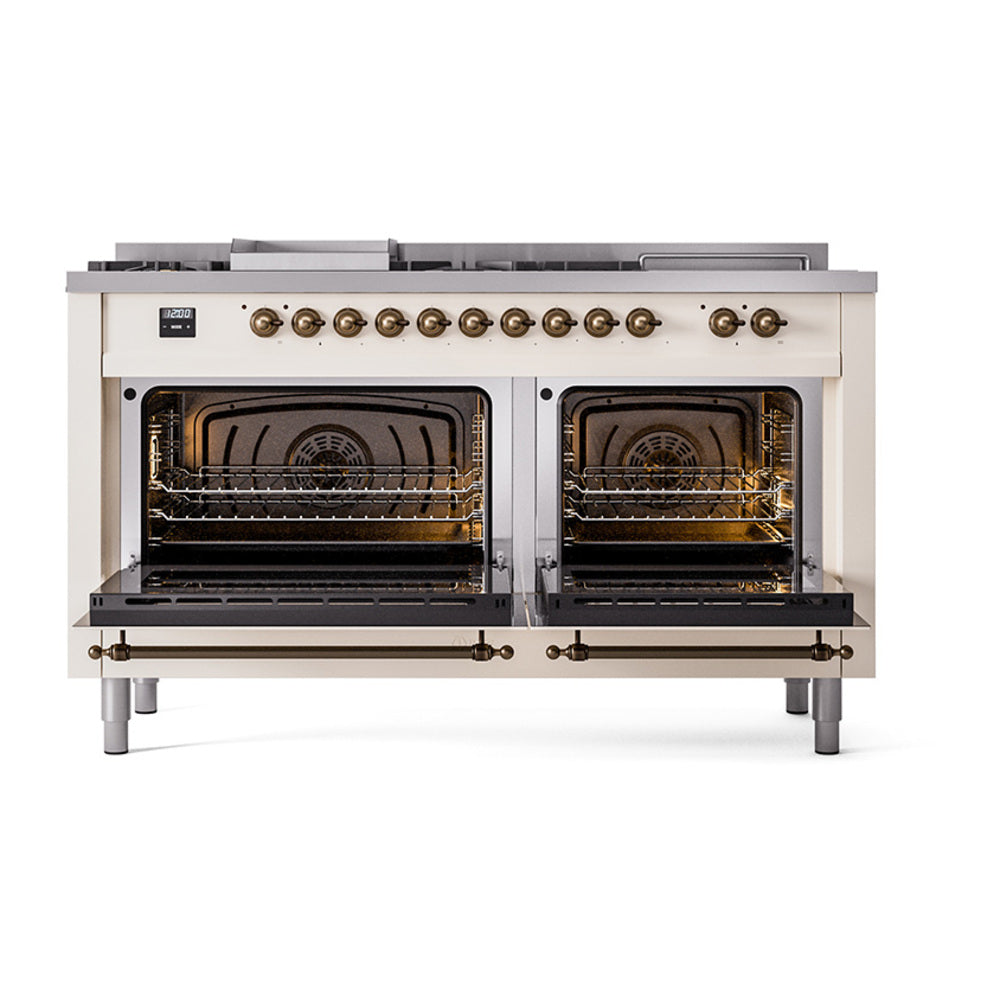 ILVE Nostalgie II 60-Inch Natural Gas Dual Fuel Range with 7 Burners, Griddle, & French Top with Solid Door Oven in Antique White with Burnished Bronze Trim (UP60FSQNMPAWB)