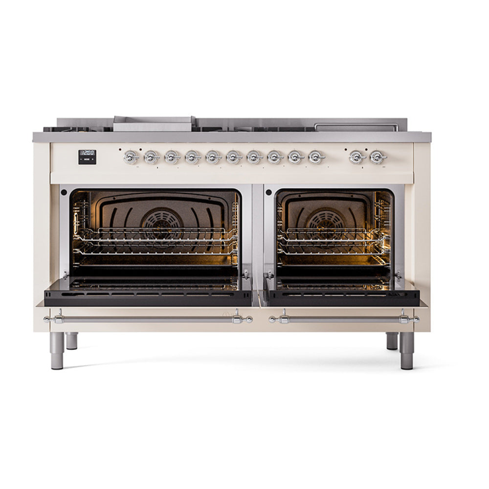 ILVE Nostalgie II 60-Inch Natural Gas Dual Fuel Range with 7 Burners, Griddle, & French Top with Solid Door Oven in Antique White with Chrome Trim (UP60FSQNMPAWC)