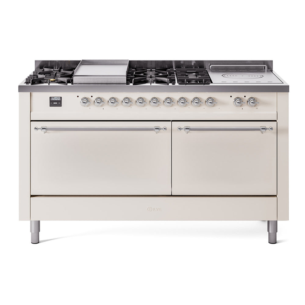 ILVE Nostalgie II 60-Inch Natural Gas Dual Fuel Range with 7 Burners, Griddle, & French Top with Solid Door Oven in Antique White with Chrome Trim (UP60FSQNMPAWC)