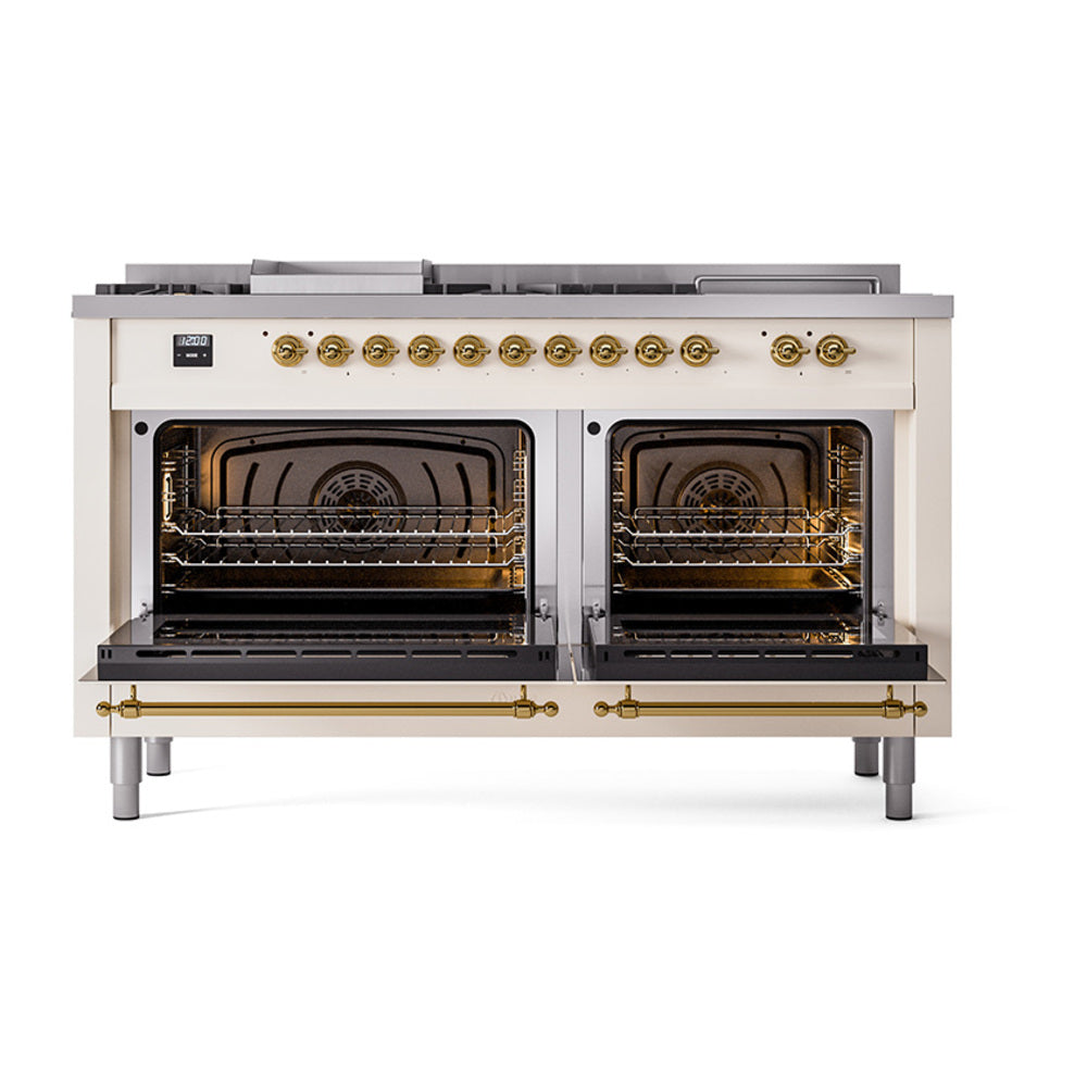 ILVE Nostalgie II 60-Inch Propane Dual Fuel Range, 7 Burners, Griddle, French Top, Solid Door, Antique White with Brass Trim (UP60FSQNMPAWGLP)