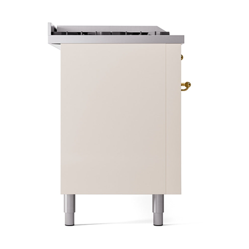 ILVE Nostalgie II 60-Inch Natural Gas Dual Fuel Range with 7 Burners, Griddle, & French Top with Solid Door Oven in Antique White with Brass Trim (UP60FSQNMPAWG)