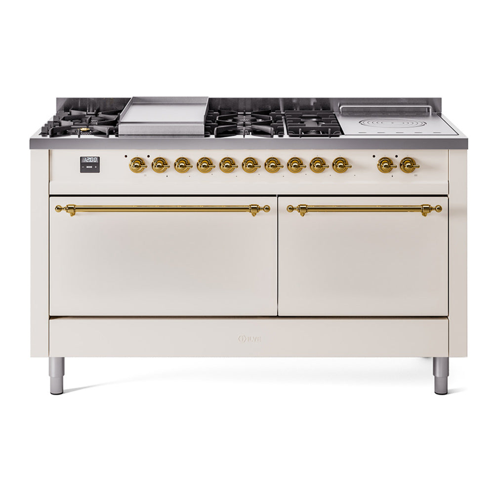 ILVE Nostalgie II 60-Inch Natural Gas Dual Fuel Range with 7 Burners, Griddle, & French Top with Solid Door Oven in Antique White with Brass Trim (UP60FSQNMPAWG)