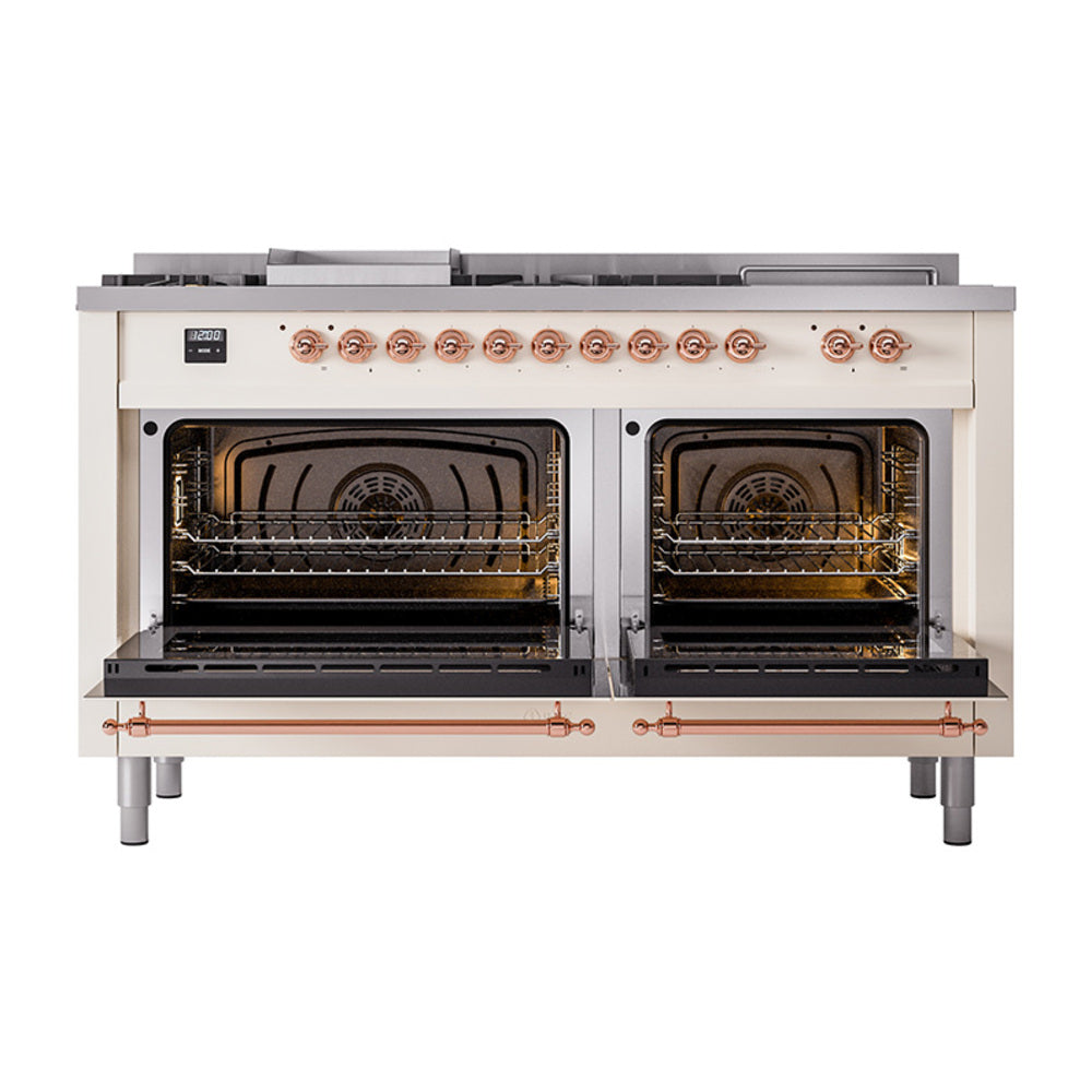 ILVE Nostalgie II 60-Inch Propane Dual Fuel Range, 7 Burners, Griddle, French Top, Solid Door, Antique White with Copper Trim (UP60FSQNMPAWPLP)