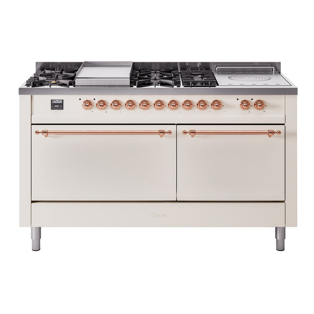 ILVE Nostalgie II 60-Inch Natural Gas Dual Fuel Range with 7 Burners, Griddle, & French Top with Solid Door Oven in Antique White with Copper Trim (UP60FSQNMPAWP)