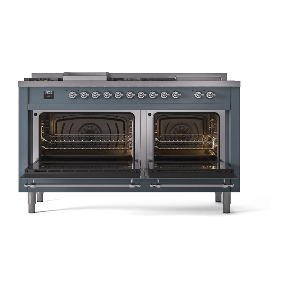 ILVE Nostalgie II 60-Inch Propane Dual Fuel Range, 7 Burners, Griddle, French Top, Solid Door, Blue Grey with Chrome Trim (UP60FSQNMPBGCLP)